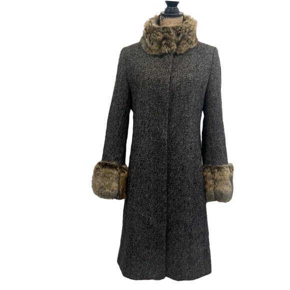 Gianni Feraud Wool Cashmere Herringbone Faux Fur Mid Length Coat Medium